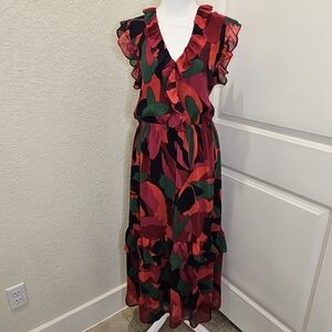 Banana Republic Red, Bergundy, Green Flutter Midi Dress